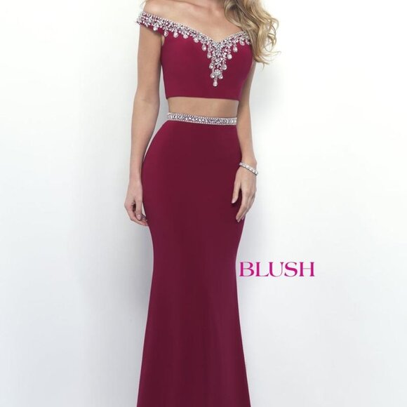BLUSH 11306 SANGRIA/BURGUNDY TWO-PIECE BEADED FORMAL/ PROM/ HOMECOMING DRESS - Picture 1 of 11